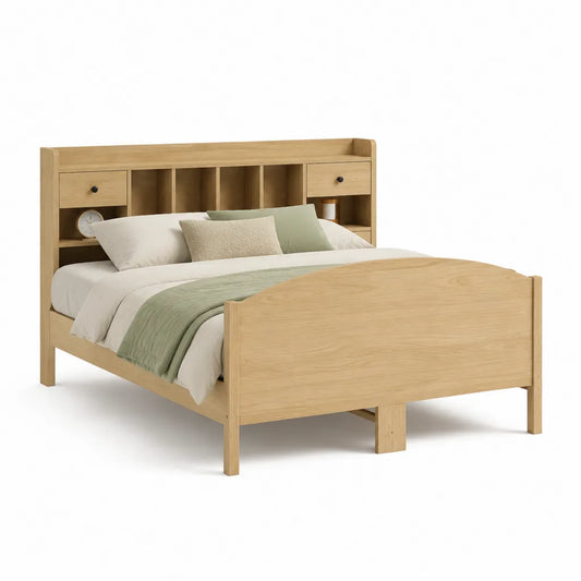 Letto matrimoniale con testiera contenitore 160 x 200 cm in legno di pino finitura rovere naturale rettangolare