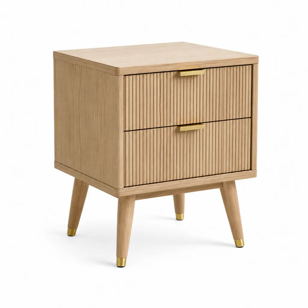Comodino con 2 cassetti in legno massello di gomma e MDF impiallacciato rovere 45 x 40 x 60 cm naturale oro