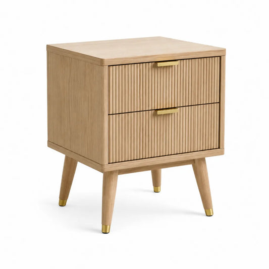 Comodino con 2 cassetti in legno massello di gomma e MDF impiallacciato rovere 45 x 40 x 60 cm naturale oro
