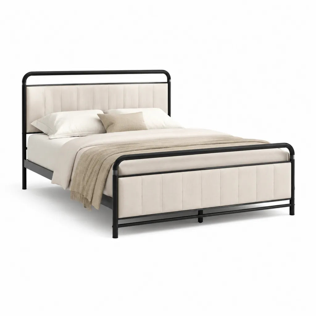Letto matrimoniale 160 x 200 cm con struttura in acciaio e testata imbottita beige nero