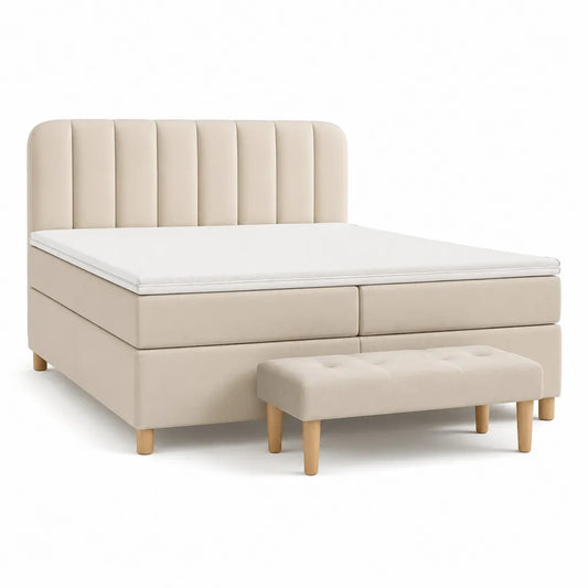 Letto matrimoniale imbottito con panca 160 x 200 cm in pelle PU beige
