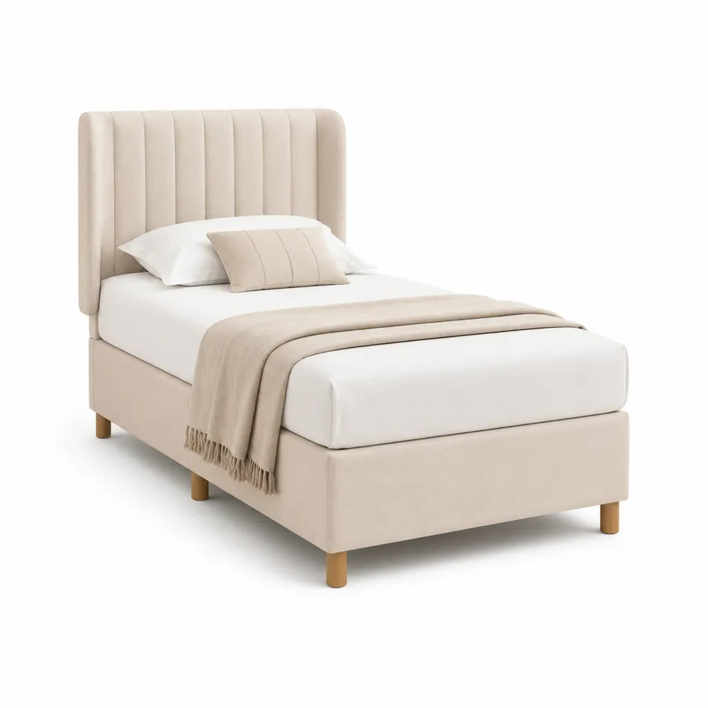 Letto singolo imbottito 90 x 190 cm in poliestere crema con testiera arrotondata a pannelli verticali
