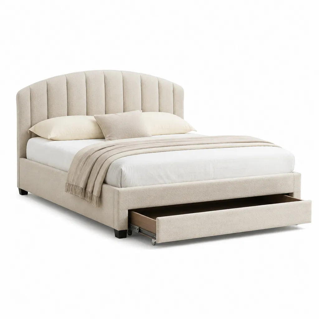 Letto matrimoniale imbottito con cassetto 160 x 200 cm testiera curva in poliestere beige