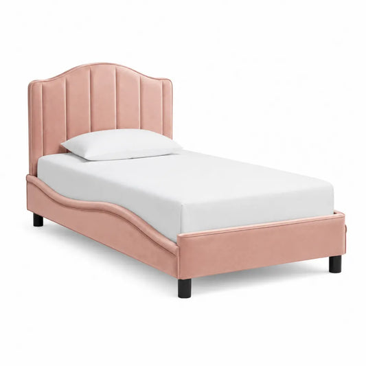 Letto singolo imbottito 90 x 190 cm in velluto di poliestere rosa con testiera arcuata